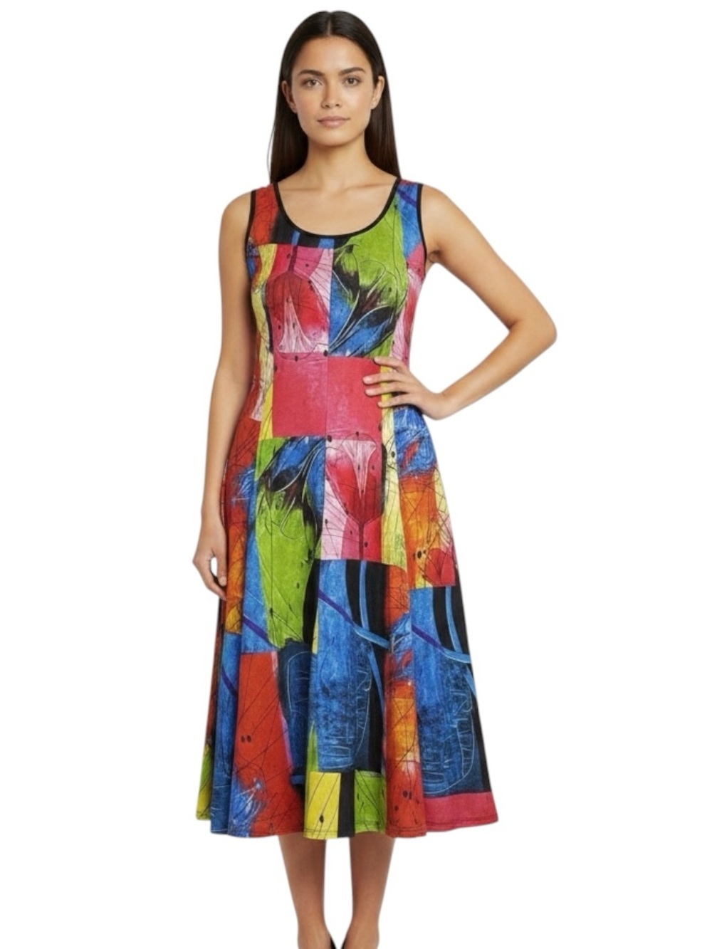 Modes Gitane sleeveless A-line sundress abstract mosaic patchwork print |EUC